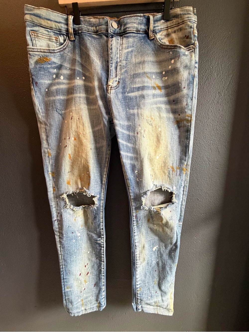 Men's Light Blue Distressed Paint-Splatter Jeans